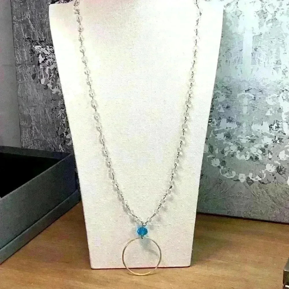 Vintage Clear Glass Crystal Necklace with Blue Dangle Pendant